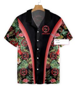 Firefighter Tropical Custom Hawaiian Shirt -  Personalized Floral And Leaves Fire Dept Logo Firefighter Hawaiian Shirt