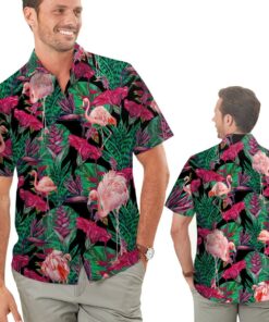 Flamingo Tropical Floral Men Hawaiian Shirt -  Summer Shirt -  Beach Shirts For Flamingo Lovers .