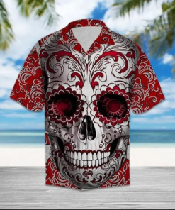 Floral Sugar Skull Red Hawaiian Shirt  -  Crazy Funny Hawaiian Shirt .