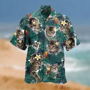 For Men And Women -  Beautiful Cat Tropical Leafs Hawaiian Shirt  -  Crazy Funny Hawaiian Shirt  -  Vintage Hawaiian Shirt - For Men and Women Fanshubus