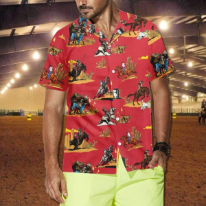 For Men And Women -  Red Pattern Rodeo Cowboy Hawaiian Shirt  -  Crazy Funny Hawaiian Shirt  -  Western Vintage Hawaiian Shirt - For Men and Women Fanshubus