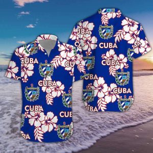 Free Cuba Navy Hibiscus Pattern Hawaiian Shirt- For men and women - Fanshubus