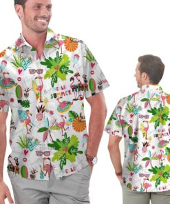 Funny Flamingo Hello Summer Hawaiian Shirt -  Summer Shirt -  Beach Shirts For Men For Flamingo Lovers .