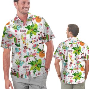 Funny Flamingo Hello Summer Hawaiian Shirt -  Summer Shirt -  Beach Shirts For Men For Flamingo Lovers .