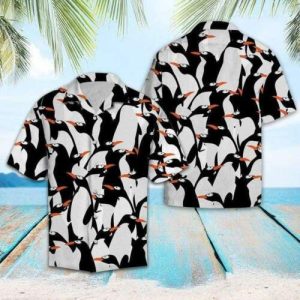 Funny Penguin Pattern Black White Hawaiian Shirt- For men and women - Fanshubus