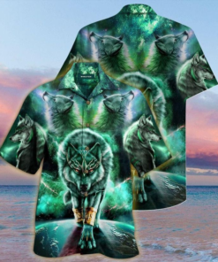 Green Galaxy Wolf 3D Print Polyester Hawaiian Shirt - For Men and Women Fanshubus