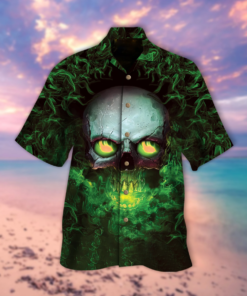 Green Smoke Skull Hawaiian Shirt .