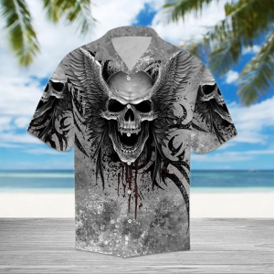 Grey Winged Skull Hawaiian Shirt  -  Crazy Funny Hawaiian Shirt .