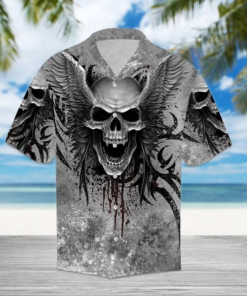 Grey Winged Skull Hawaiian Shirt | Crazy Funny Hawaiian Shirt | Vintage Hawaiian Shirt