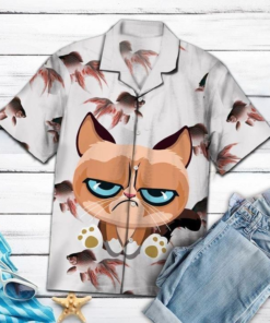 Grumpy Cat With Fishes Hawaiian Shirt  -  Crazy Funny Hawaiian Shirt .