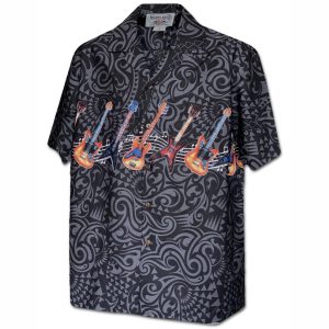 Guitar Rock Black Hawaiian Shirt Made In Hawaii -  Summer Shirt -  Beach Shirts - Fanshubus