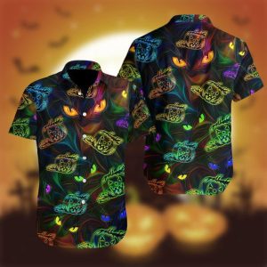 Halloween Colorful Light Cat And Pumpkin Hawaiian Shirt- For men and women - Fanshubus