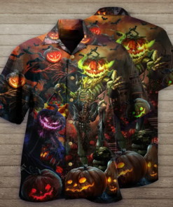 Halloween Scary Evil Pumkins Skeleton Grim Hawaiian Shirt- For men and women - Fanshubus