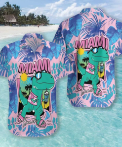 Happy Dinosaur In Miami Beach Hawaiian Shirt- For men and women - Fanshubus