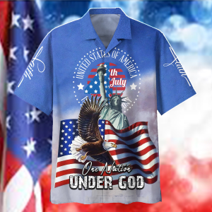 Happy Independence Day Hawaiian Shirt  -  One Nation Under God Hawaiian Shirt  -  Eagle With US Flag Statue of Liberty Hawaiian Shirt - For Men and Women Fanshubus