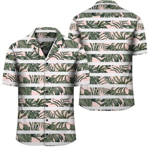 Hawaii Tropical Dark Green Leaves Seamless Pattern White Stripes Pink Background Hawaiian Shirt- For men and women - Fanshubus