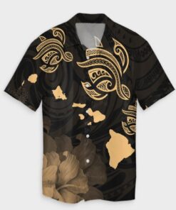 Hawaii Turtle Hibiscus Map Polynesian Hawaiian Shirt Gold- For men and women - Fanshubus