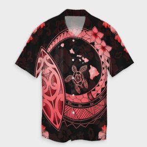 Hawaii Turtle Hibiscus Map Polynesian Hawaiian Shirt Red- For men and women - Fanshubus