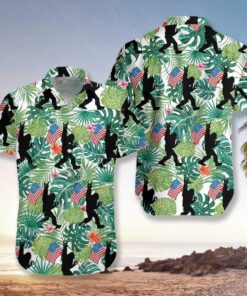 Hawaiian Aloha Shirt Bigfoot Hold Usa Flag- For men and women - Fanshubus