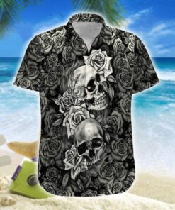 Hawaiian Aloha Shirt Black White Skull Rose- For men and women - Fanshubus