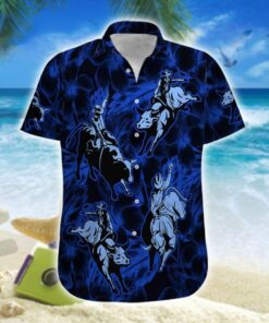 Hawaiian Aloha Shirt Bull Riding Blue Hibiscus- For men and women - Fanshubus