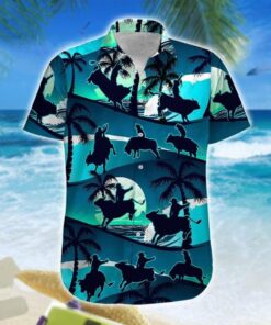 Hawaiian Aloha Shirt Bull Riding Blue Palm- For men and women - Fanshubus