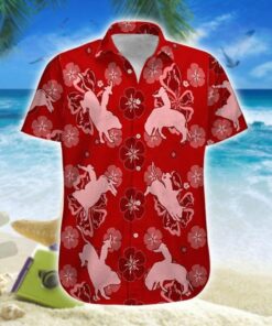 Hawaiian Aloha Shirt Bull Riding Red Flowers- For men and women - Fanshubus