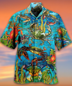 Hawaiian Aloha Shirt Crab Love Ocean Blue- For men and women - Fanshubus