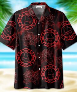 Hawaiian Aloha Shirt Firefighter Red Rose- For men and women - Fanshubus