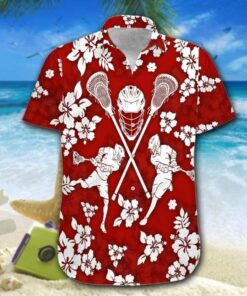 Hawaiian Aloha Shirt Lacrosse Red Hibiscus- For men and women - Fanshubus