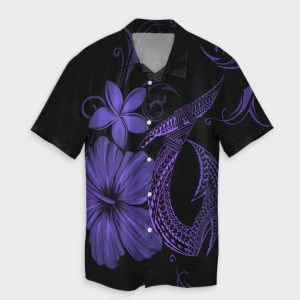 Hawaiian Fish Hook Hibiscus Plumeria Polynesian Hawaiian Shirt Purple- For men and women - Fanshubus