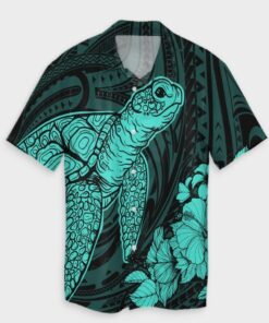 Hawaiian Hibiscus Memory Turtle Polynesian Hawaiian Shirt Turquoise- For men and women - Fanshubus