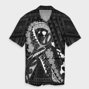 Hawaiian Map Heart Ribbon Cancer Hibiscus White Polynesian Hawaiian Shirt- For men and women - Fanshubus