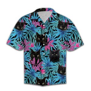 Hawaiian Shirt Women Men Black Cat Tropical Leaves- For men and women - Fanshubus