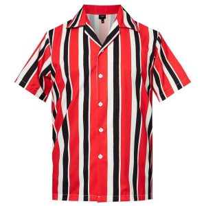 High quality MenS Hawaiian Shirt Red Black Stripes Printing .