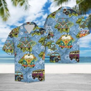 Hippie Bus Blue Unique Design Unisex Hawaiian Shirt- For men and women - Fanshubus