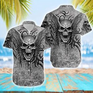 Honor Skull Wing Tattoo Gothic Grey Hawaiian Shirt For Men Women- For men and women - Fanshubus