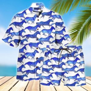 Horse Blue Hawaiian Shirt Set For Men Women- For men and women - Fanshubus