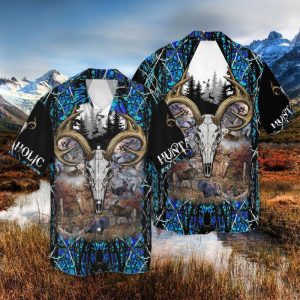 Huntaholic Deer Skull Blue 3D Full Print Hawaiian Shirt Shirt- For men and women - Fanshubus