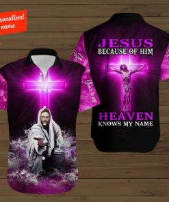 Jesus Because Of Him Heaven Knows My Name Hawaiian Shirt  -  Personalized God With The Purple Light Cross All Over Printed Hawaiian Shirt - For Men and Women Fanshubus