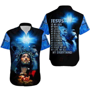 Jesus Is My King Lion Blue Light Hawaiian Shirt For Men Women- For men and women - Fanshubus