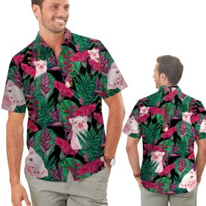 Lovely Pig Tropical Floral Men Hawaiian Shirt -  Summer Shirt -  Beach Shirts .