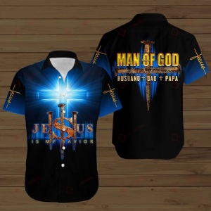 Man Of God Jesus Is My Savior All Over Print Hawaiian Shirt | Husband Dad Papa Blue Light Hawaiian Shirt- For men and women - Fanshubus