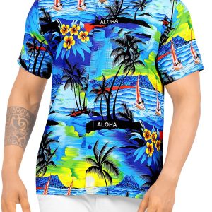 Men Casual Beach hawaiian Shirt Aloha theme Tropical Beach front Pocket Short sleeve Blue - Fanshubus