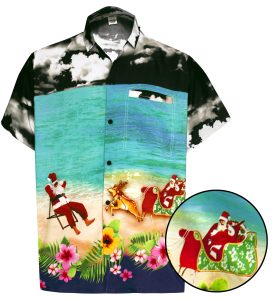 Men's Casual Beach hawaiian Shirt Aloha Christmas Santa front Pocket Short sleeve Black - Fanshubus