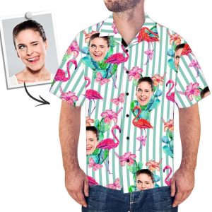 Men's Custom Face Shirt Hawaiian Shirt Short Sleeve Striped Flamingo - For Men and Women Fanshubus