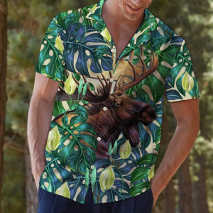 Moose Tropical Leaves Hawaiian Shirt- For men and women - Fanshubus