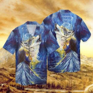 Native Wolf Under The Moon 3D Full Print Hawaiian Shirt Shirt - For Men and Women - Fanshubus