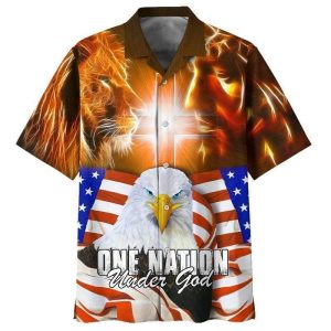 One Nation Under God Lion Eagle Jesus Aloha Hawaiian Shirts- For men and women - Fanshubus