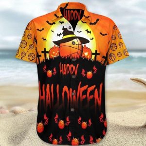 Orange Pumpkin Halloween Themed Button Hawaiian Shirt- For men and women - Fanshubus